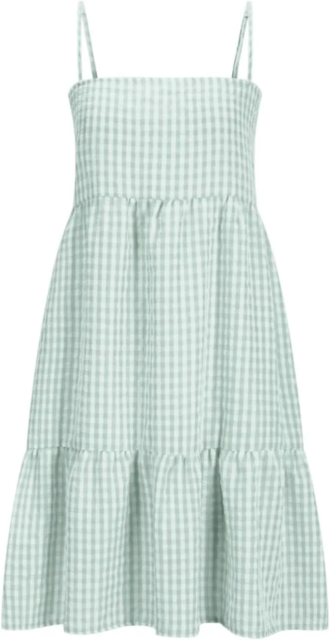 Womens Plaid A-line Dresses Shoulder Spaghetti Straps Tiered Ruffle Hem Casual Mini Dress with Pocket Beach Coverup