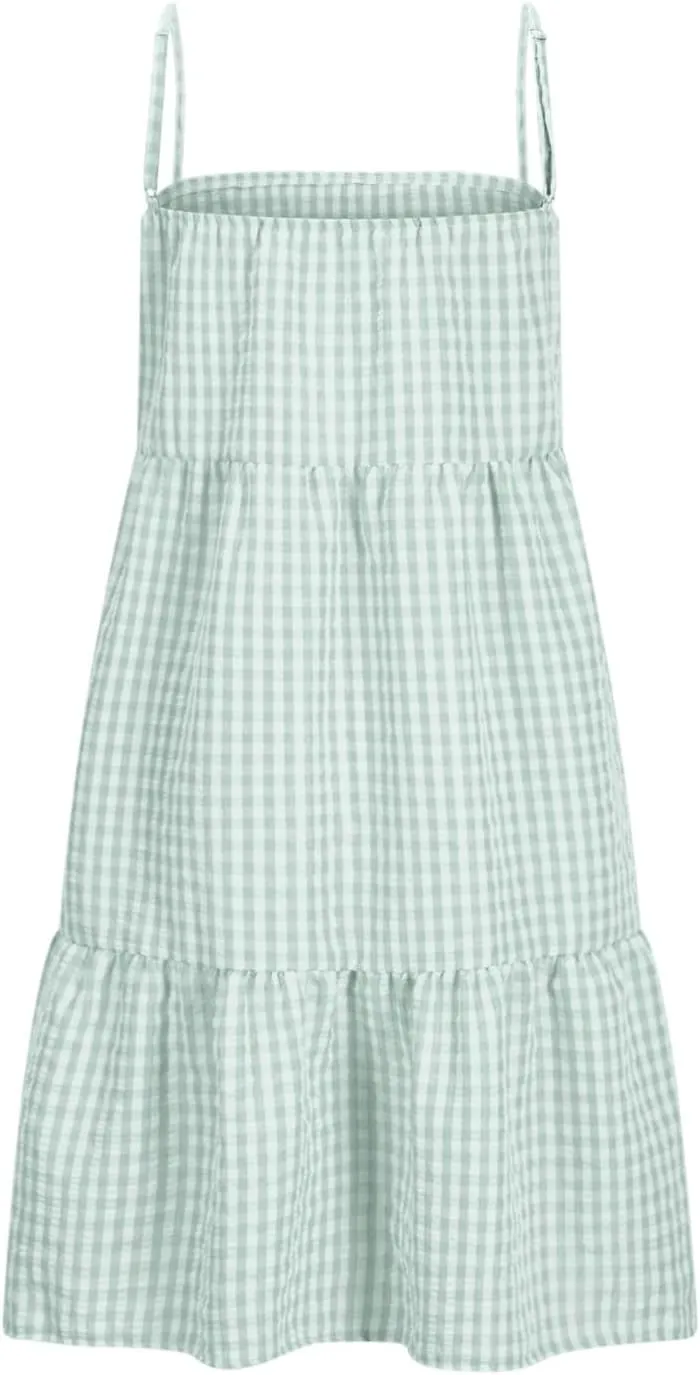Womens Plaid A-line Dresses Shoulder Spaghetti Straps Tiered Ruffle Hem Casual Mini Dress with Pocket Beach Coverup