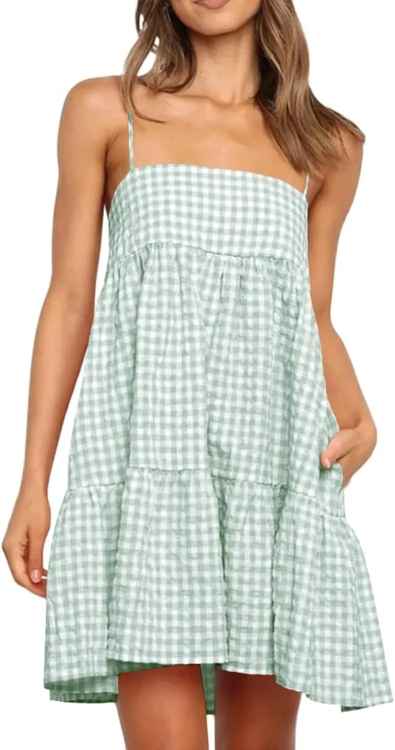 Womens Plaid A-line Dresses Shoulder Spaghetti Straps Tiered Ruffle Hem Casual Mini Dress with Pocket Beach Coverup