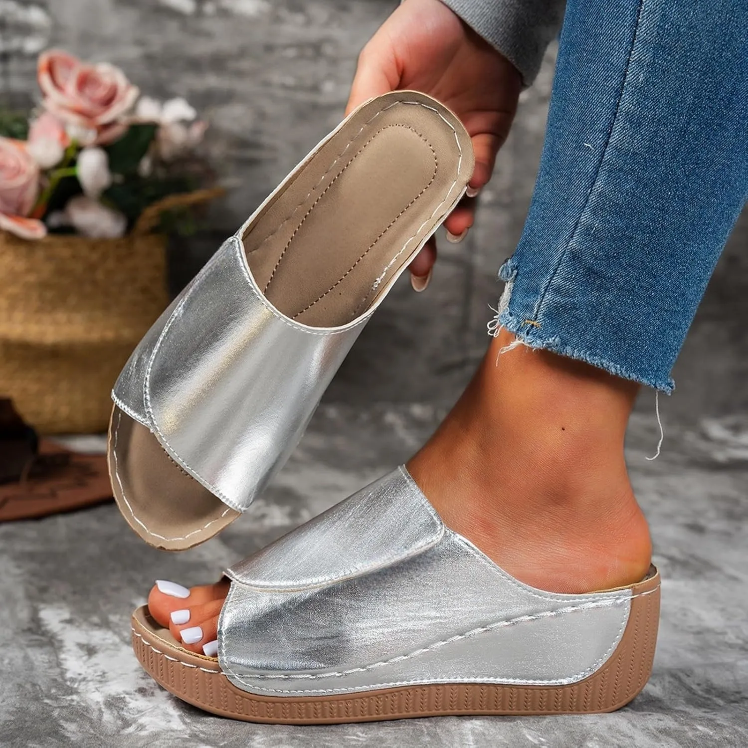 Women's Platform Wedge Sandals Slip On Peep Toe High Heel Sandal Comfortable Orthopedic Damping Sole Sandals Womens Dressy Summer Lightweight Flip Flops Casual Arch Support Walking Wedges Slippers