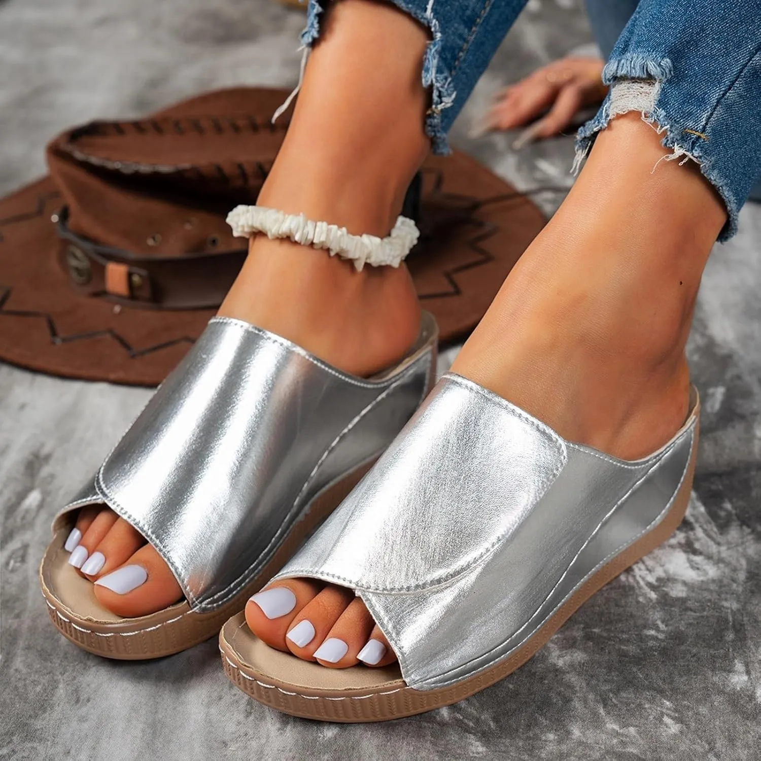 Women's Platform Wedge Sandals Slip On Peep Toe High Heel Sandal Comfortable Orthopedic Damping Sole Sandals Womens Dressy Summer Lightweight Flip Flops Casual Arch Support Walking Wedges Slippers