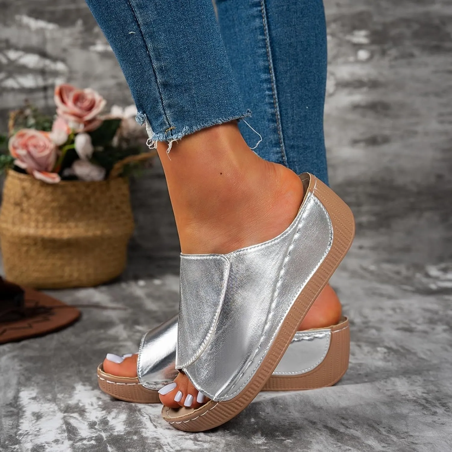 Women's Platform Wedge Sandals Slip On Peep Toe High Heel Sandal Comfortable Orthopedic Damping Sole Sandals Womens Dressy Summer Lightweight Flip Flops Casual Arch Support Walking Wedges Slippers