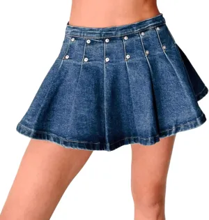 Womens Pleated Denim Skirt High Waisted A Line Zipper Mini Jean Skirt