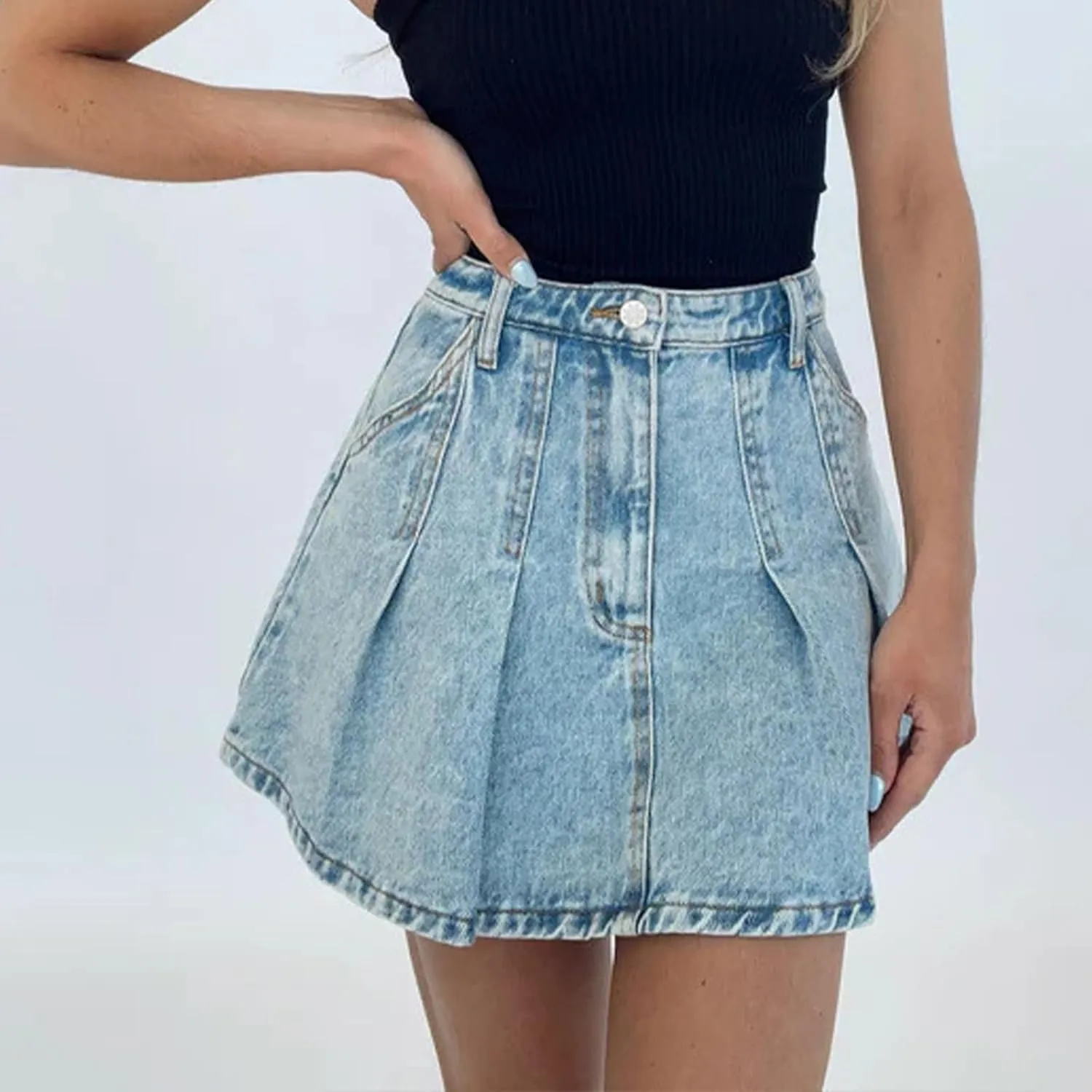 Women's Pleated Denim Skirt Y2k High Waisted Button A Line Mini Jean Skater Skirts Streetwear