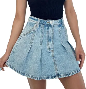 Women's Pleated Denim Skirt Y2k High Waisted Button A Line Mini Jean Skater Skirts Streetwear