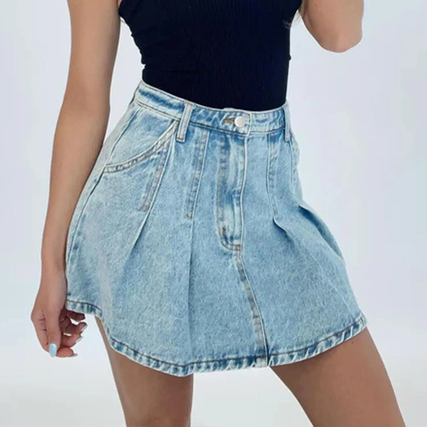 Women's Pleated Denim Skirt Y2k High Waisted Button A Line Mini Jean Skater Skirts Streetwear