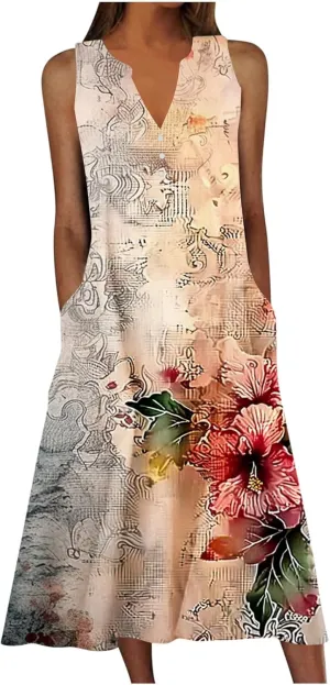 Womens Plus Size Summer Sundress Floral Print Flowy Beach Tank Dresses Casual Vintage Sleeveless Loose V-Neck Dress