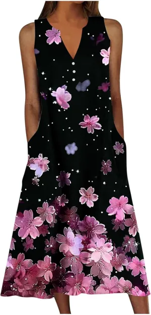 Womens Plus Size Summer Sundress Floral Print Flowy Beach Tank Dresses Casual Vintage Sleeveless Loose V-Neck Dress