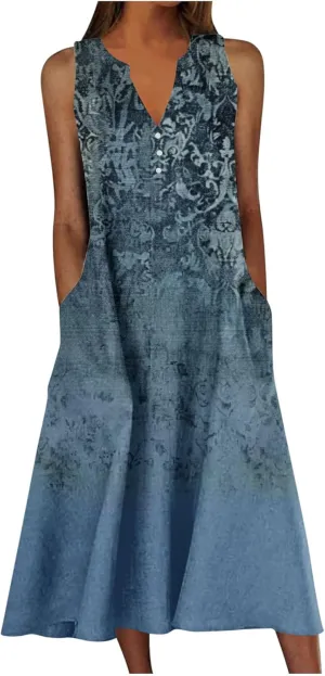 Womens Plus Size Summer Sundress Floral Print Flowy Beach Tank Dresses Casual Vintage Sleeveless Loose V-Neck Dress