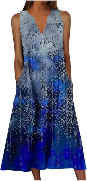 Womens Plus Size Summer Sundress Floral Print Flowy Beach Tank Dresses Casual Vintage Sleeveless Loose V-Neck Dress