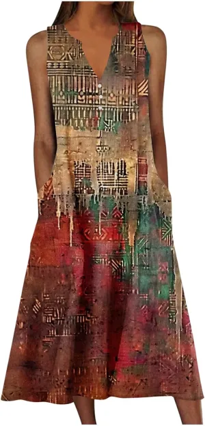 Womens Plus Size Summer Sundress Floral Print Flowy Beach Tank Dresses Casual Vintage Sleeveless Loose V-Neck Dress