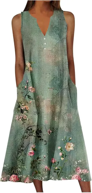Womens Plus Size Summer Sundress Floral Print Flowy Beach Tank Dresses Casual Vintage Sleeveless Loose V-Neck Dress