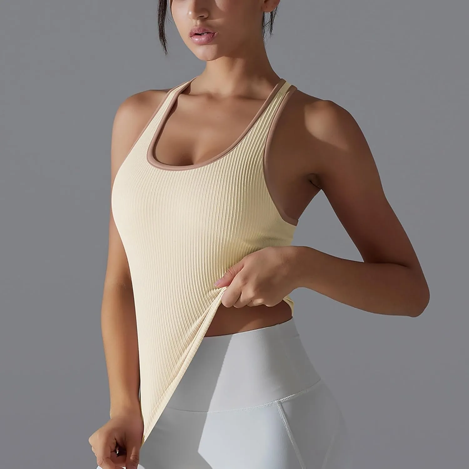 Women's Ribbed Workout Shirts Summer Light Elastic Racerback Tank Tops Casual Sleeveless Slim Comfy Yoga Blouse