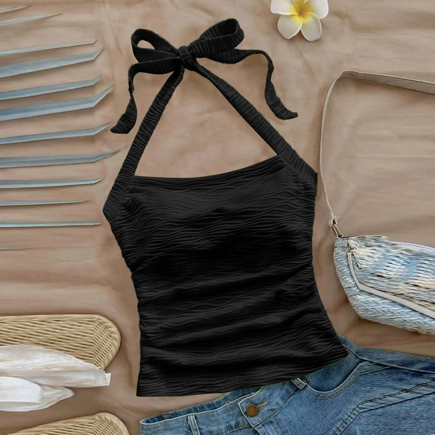 Women's Ruched Halterneck Y2K Crop Tops Tie Back Sleeveless Slim Fit Cami Top Teen Girls Textured Square Neck Shirts