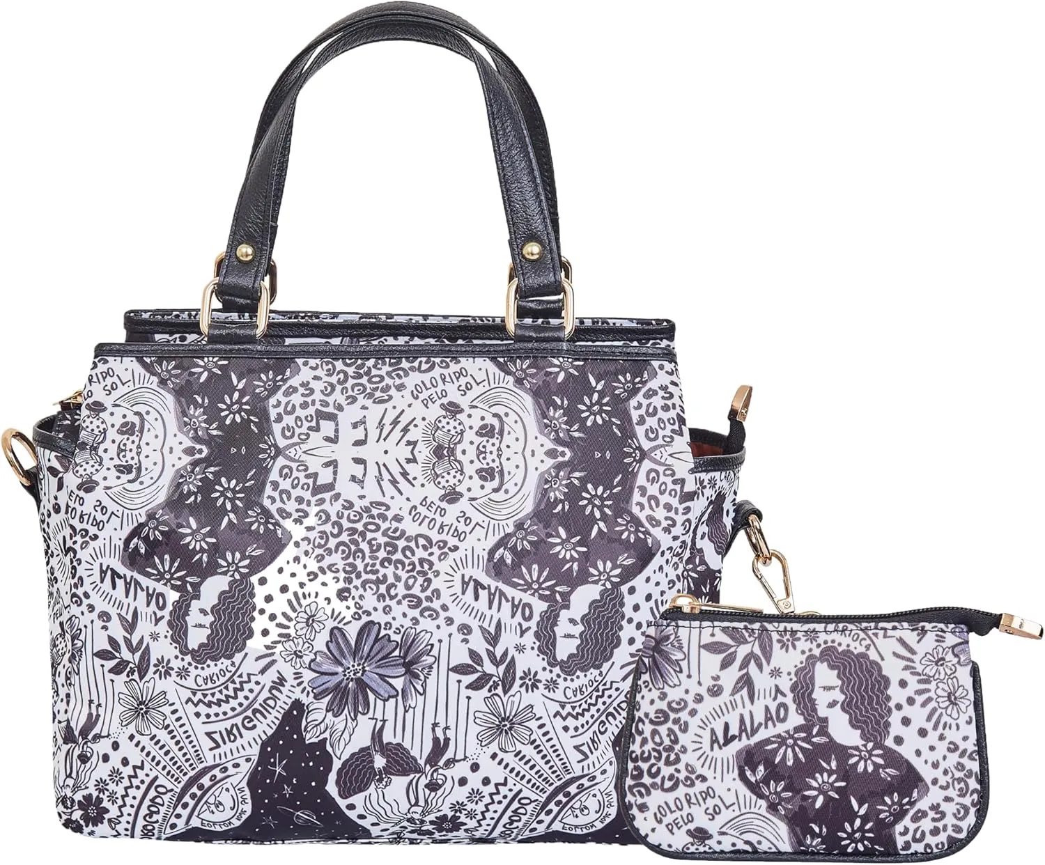 Women's Satchel bag & Coin Pouch Set  Elegant Monochrome Print and Leather Accents
