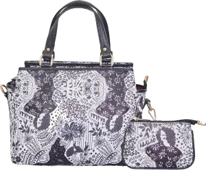 Women's Satchel bag & Coin Pouch Set  Elegant Monochrome Print and Leather Accents