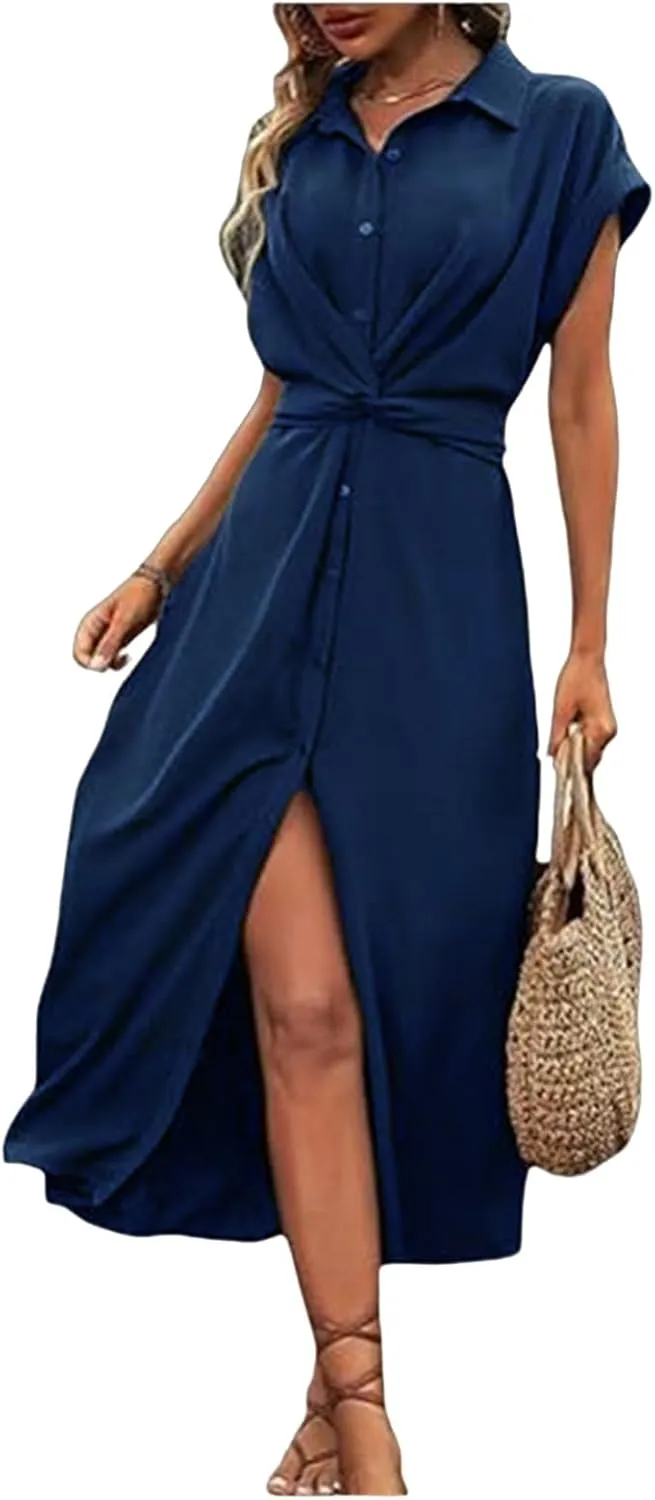Womens Shirt Dresses Collar Neck Button Down Tie Waist Short Sleeve Maxi Dress A Line Long Dress Elegant Office Clothes
