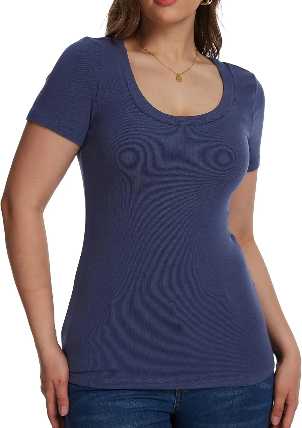 Womens Short Sleeve Tops Scoop Neck Ribbed Casual Basic Tee Spring Summer Shirts Slim Fitted 2025 Trendy Outfits
