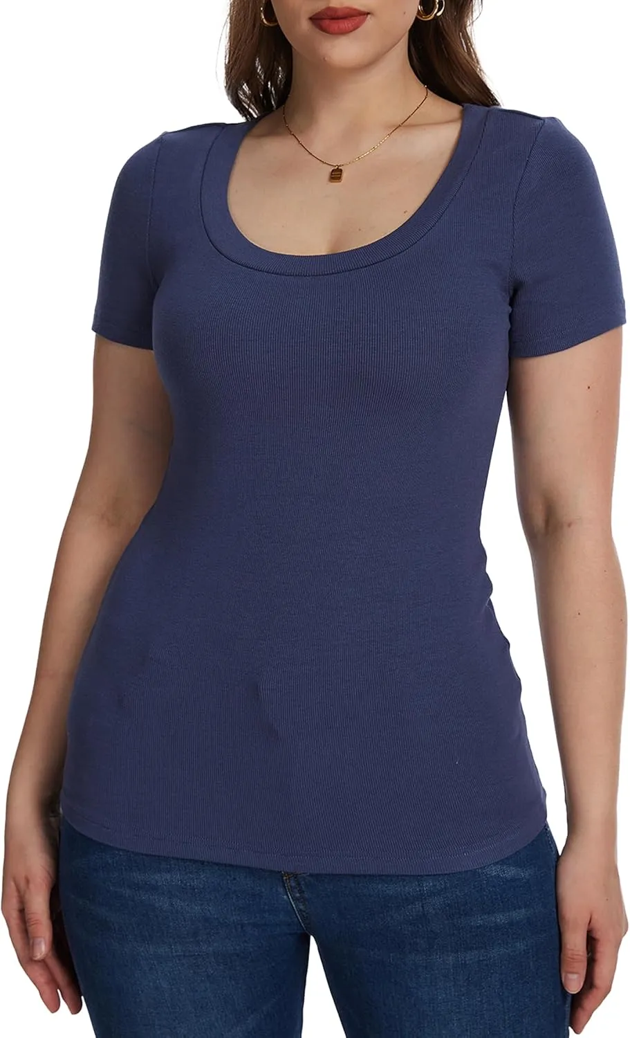 Womens Short Sleeve Tops Scoop Neck Ribbed Casual Basic Tee Spring Summer Shirts Slim Fitted 2025 Trendy Outfits