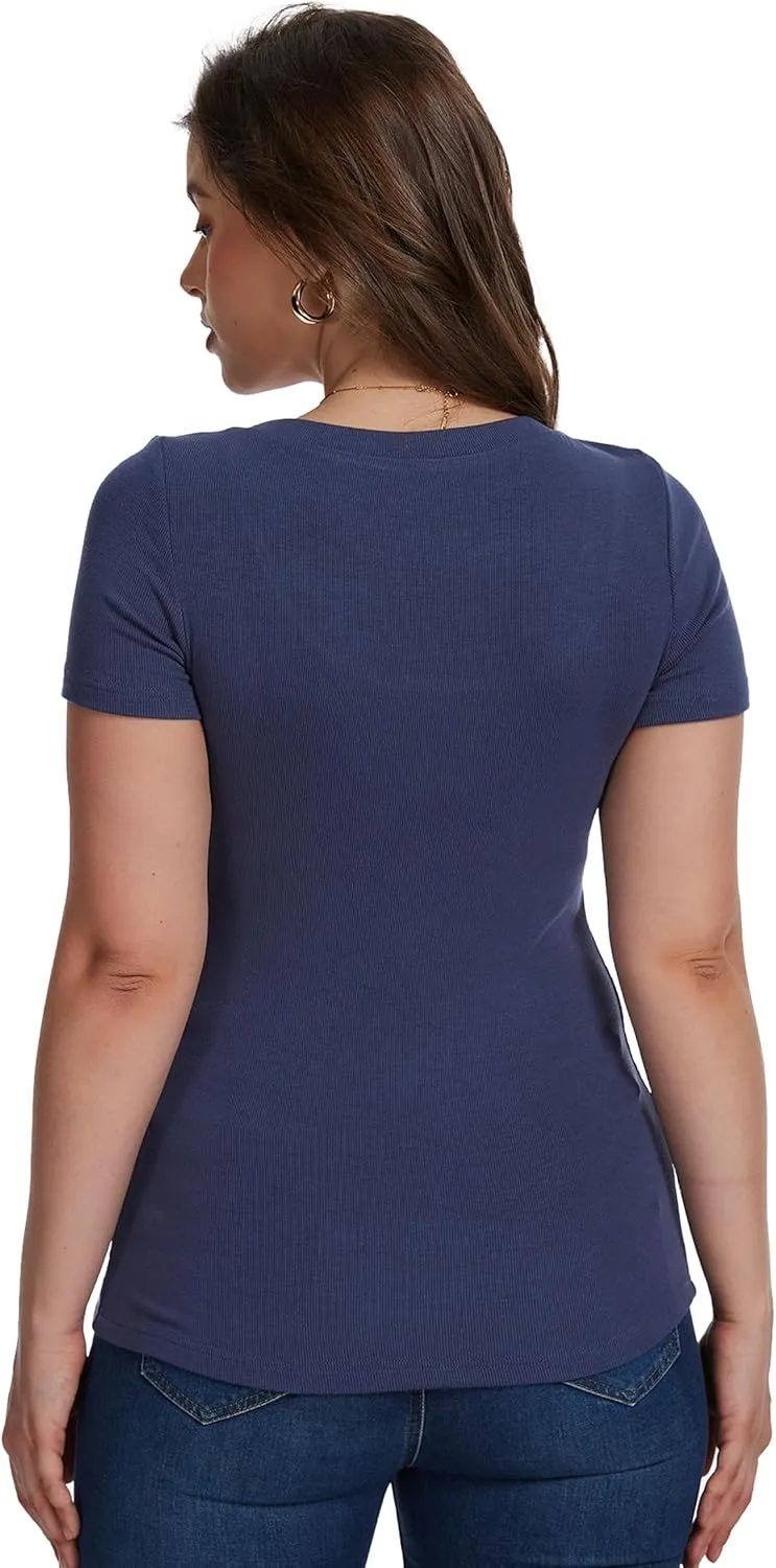 Womens Short Sleeve Tops Scoop Neck Ribbed Casual Basic Tee Spring Summer Shirts Slim Fitted 2025 Trendy Outfits