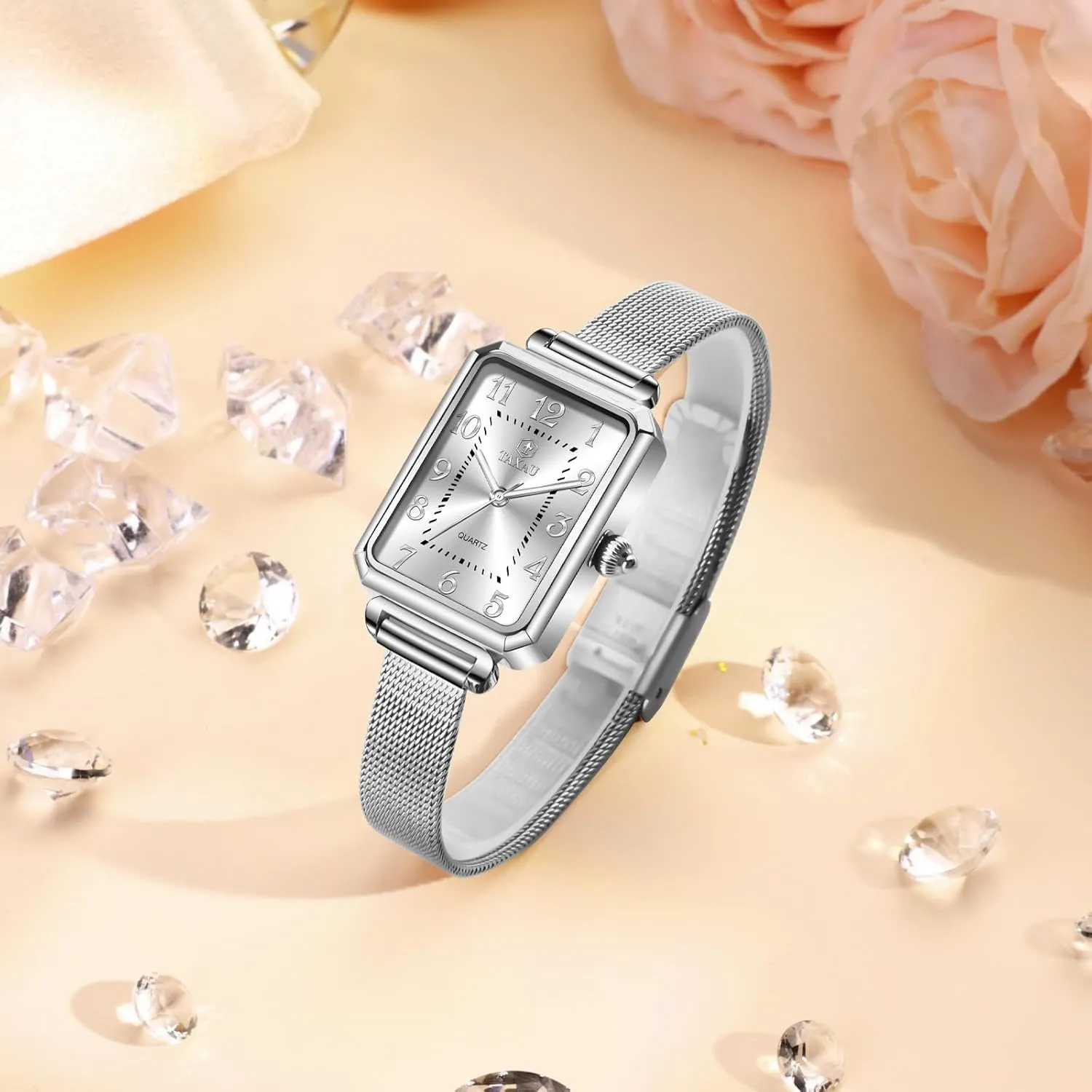 Women's Square Watch Mesh Bracelet Stainless Steel Rectangular Dress Watches for Women Fashion Business Analog Quartz Ladies Small Wrist Watch