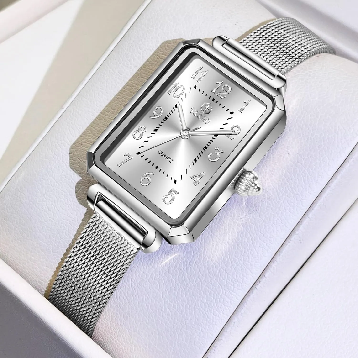 Women's Square Watch Mesh Bracelet Stainless Steel Rectangular Dress Watches for Women Fashion Business Analog Quartz Ladies Small Wrist Watch