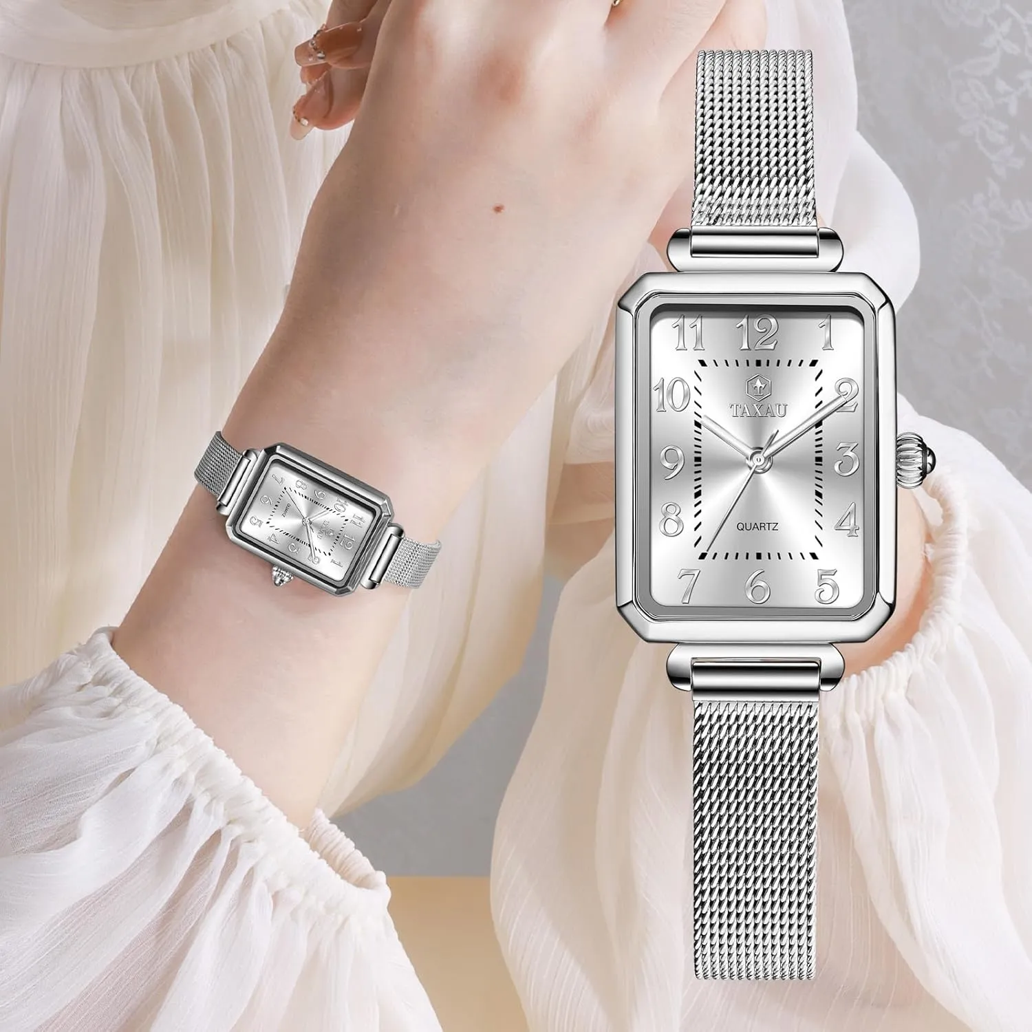 Women's Square Watch Mesh Bracelet Stainless Steel Rectangular Dress Watches for Women Fashion Business Analog Quartz Ladies Small Wrist Watch