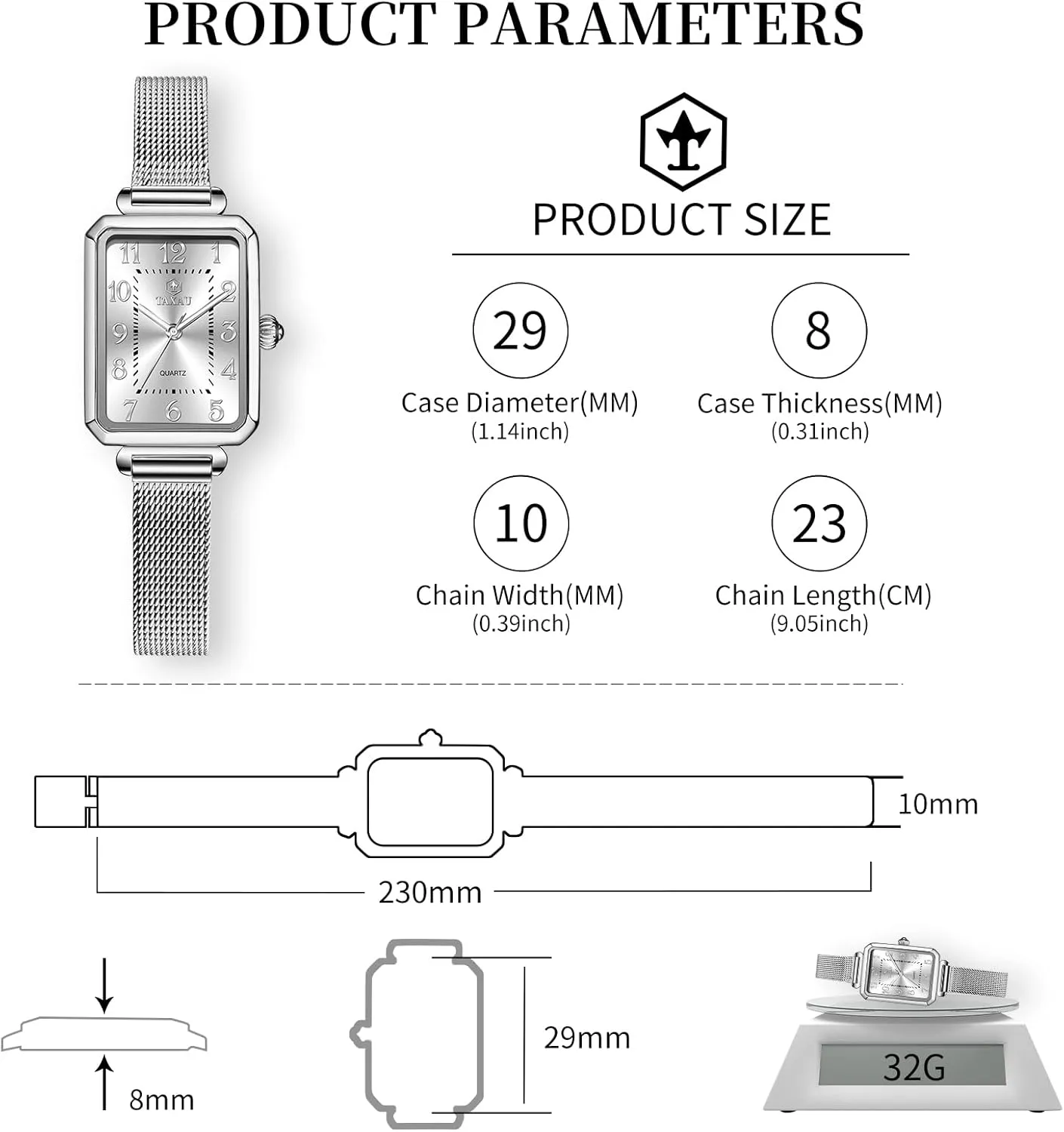 Women's Square Watch Mesh Bracelet Stainless Steel Rectangular Dress Watches for Women Fashion Business Analog Quartz Ladies Small Wrist Watch