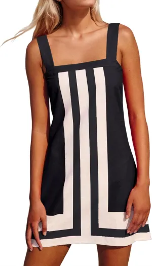 Womens Striped Mini Dress Sleeveless Color Block A Line Dress Beach Summer Boho Sundress Casual Short Dress Cover Up