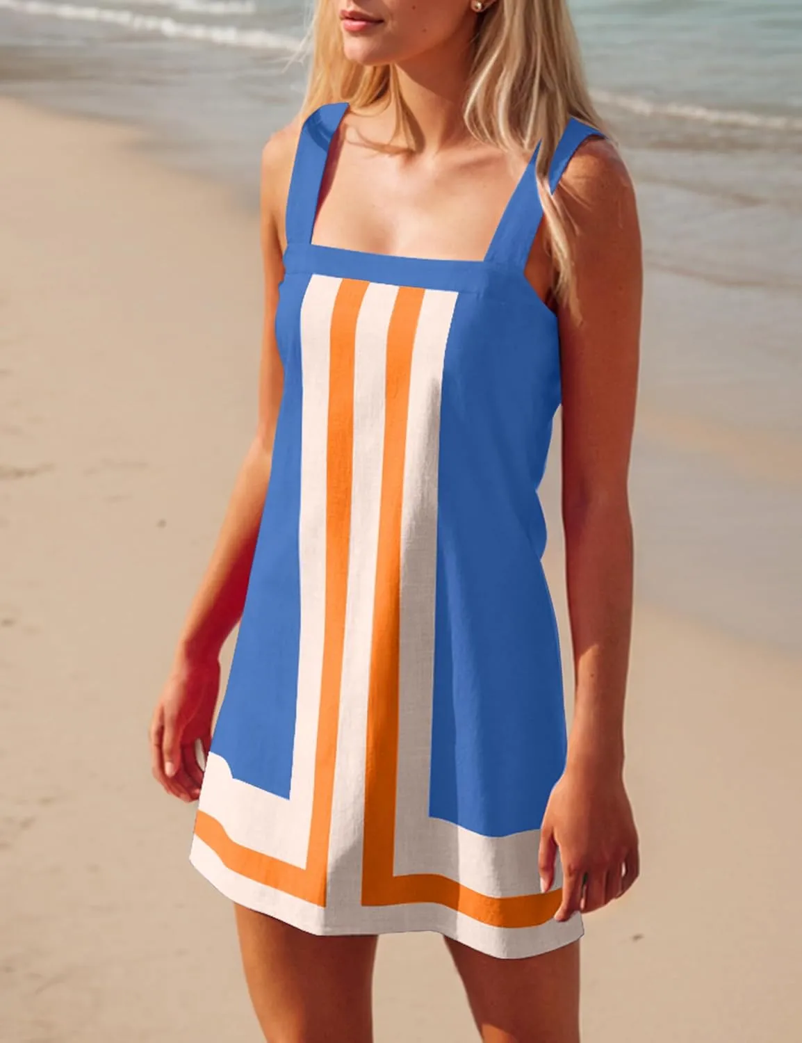 Womens Striped Mini Dress Sleeveless Color Block A Line Dress Beach Summer Boho Sundress Casual Short Dress Cover Up