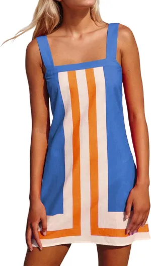 Womens Striped Mini Dress Sleeveless Color Block A Line Dress Beach Summer Boho Sundress Casual Short Dress Cover Up