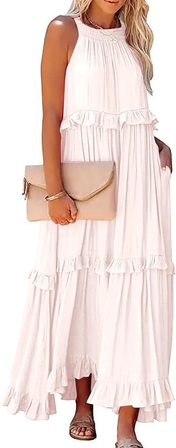 Women'S Summer Beach Dresses for Maxi Dress Long Tiered Ruffle Dress Sleeveless Flowy Boho Sundress Beige