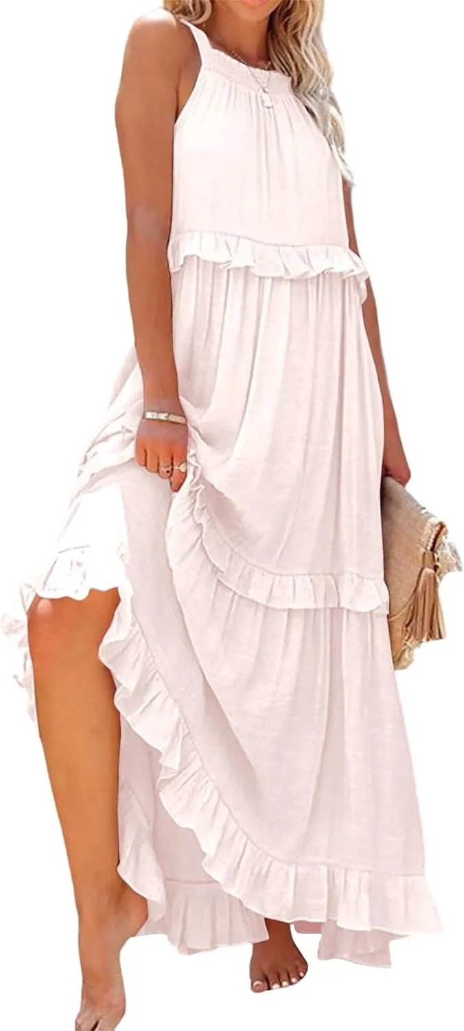 Women'S Summer Beach Dresses for Maxi Dress Long Tiered Ruffle Dress Sleeveless Flowy Boho Sundress Beige