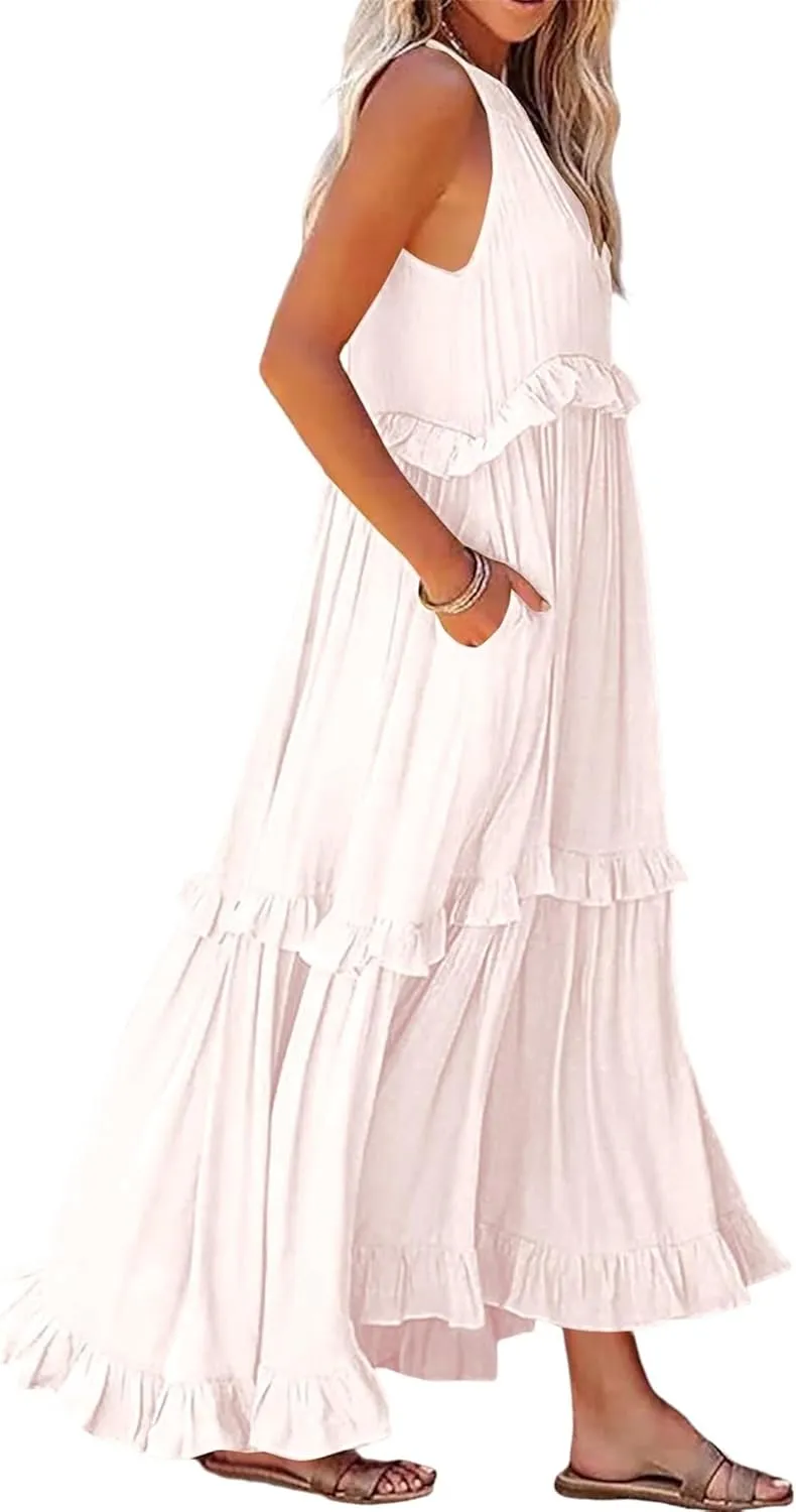 Women'S Summer Beach Dresses for Maxi Dress Long Tiered Ruffle Dress Sleeveless Flowy Boho Sundress Beige