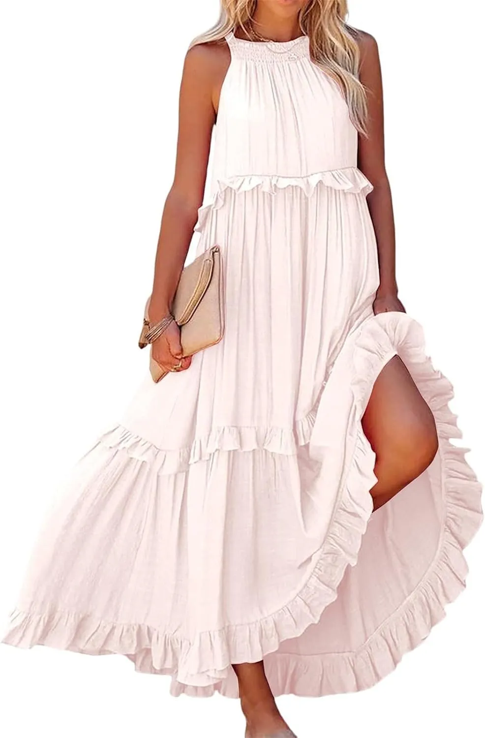 Women'S Summer Beach Dresses for Maxi Dress Long Tiered Ruffle Dress Sleeveless Flowy Boho Sundress Beige