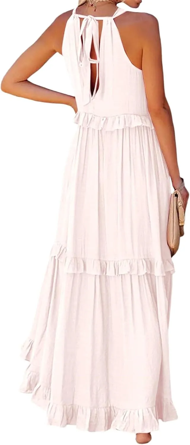 Women'S Summer Beach Dresses for Maxi Dress Long Tiered Ruffle Dress Sleeveless Flowy Boho Sundress Beige