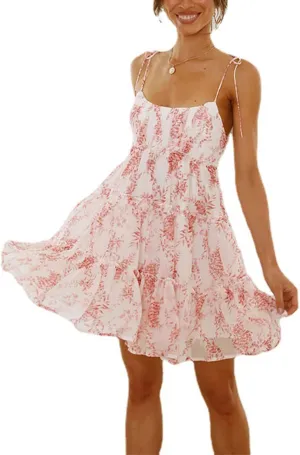 Women's Summer Boho Off Shoulder Backless Floral Sleeveless Chiffon Mini Casual Ruffle Swing Dress(L-)