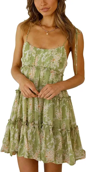 Women's Summer Boho Off Shoulder Backless Floral Sleeveless Chiffon Mini Casual Ruffle Swing Dress(m-Green)