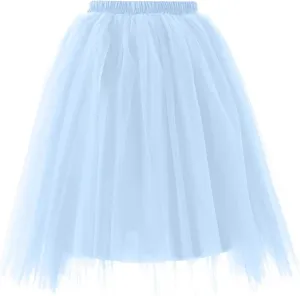 Women's Summer Casual Loose Trendy Elastic High Waist Solid Color Fluffy Mesh Party Flowy A-Line Latin Skirts, M-XL