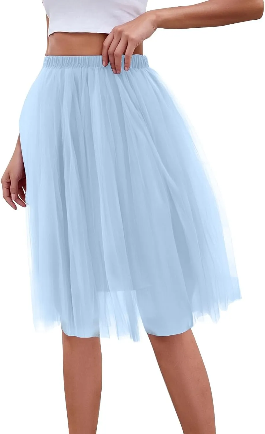 Women's Summer Casual Loose Trendy Elastic High Waist Solid Color Fluffy Mesh Party Flowy A-Line Latin Skirts, M-XL