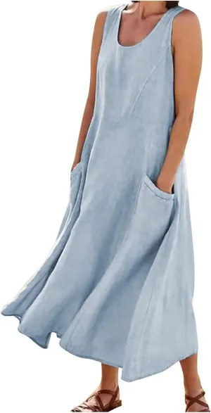 Women's Summer Cotton Linen Sleeveless Maxi Flowy Dresses Plus Size Loose Comfy Elegant Dress with Pockets
