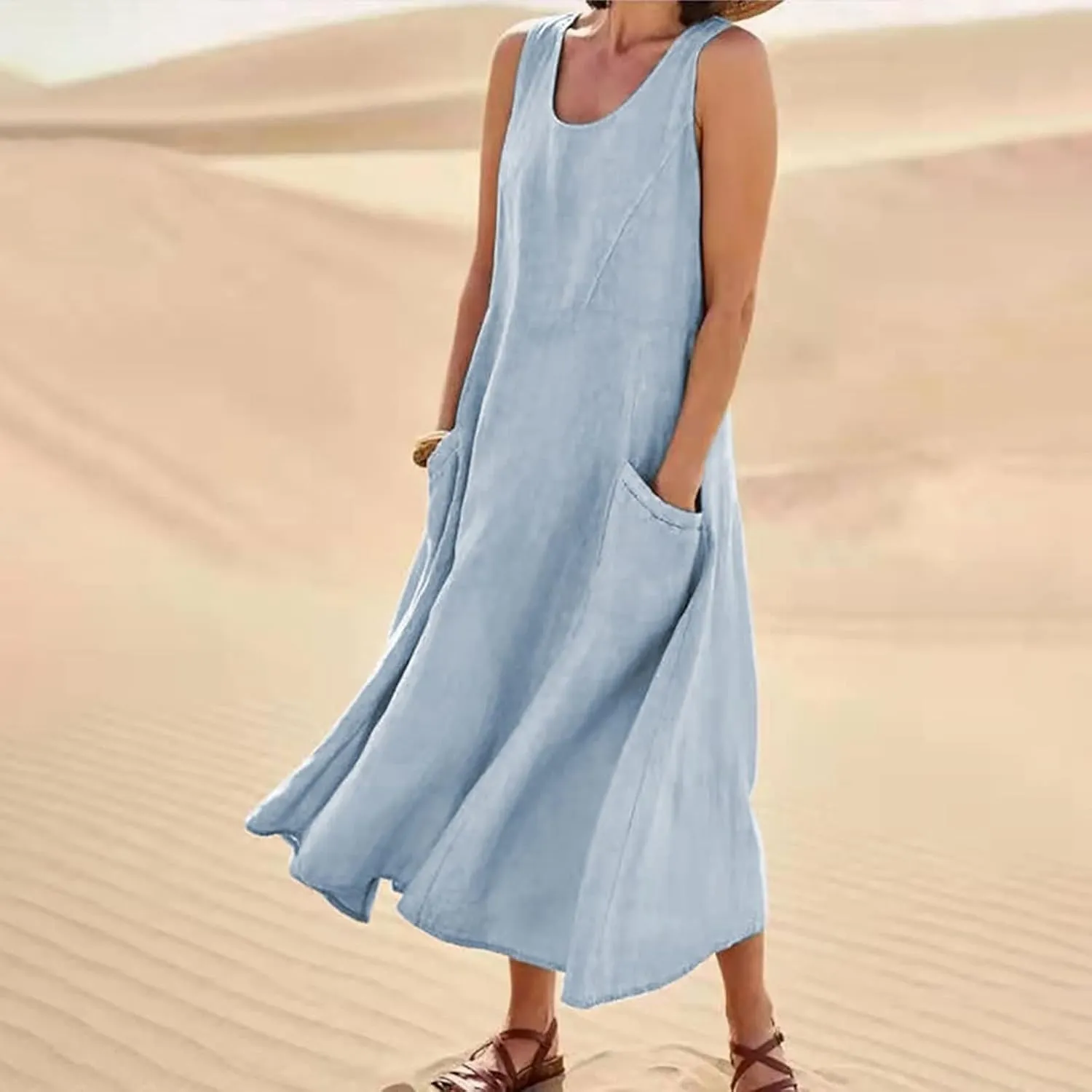 Women's Summer Cotton Linen Sleeveless Maxi Flowy Dresses Plus Size Loose Comfy Elegant Dress with Pockets