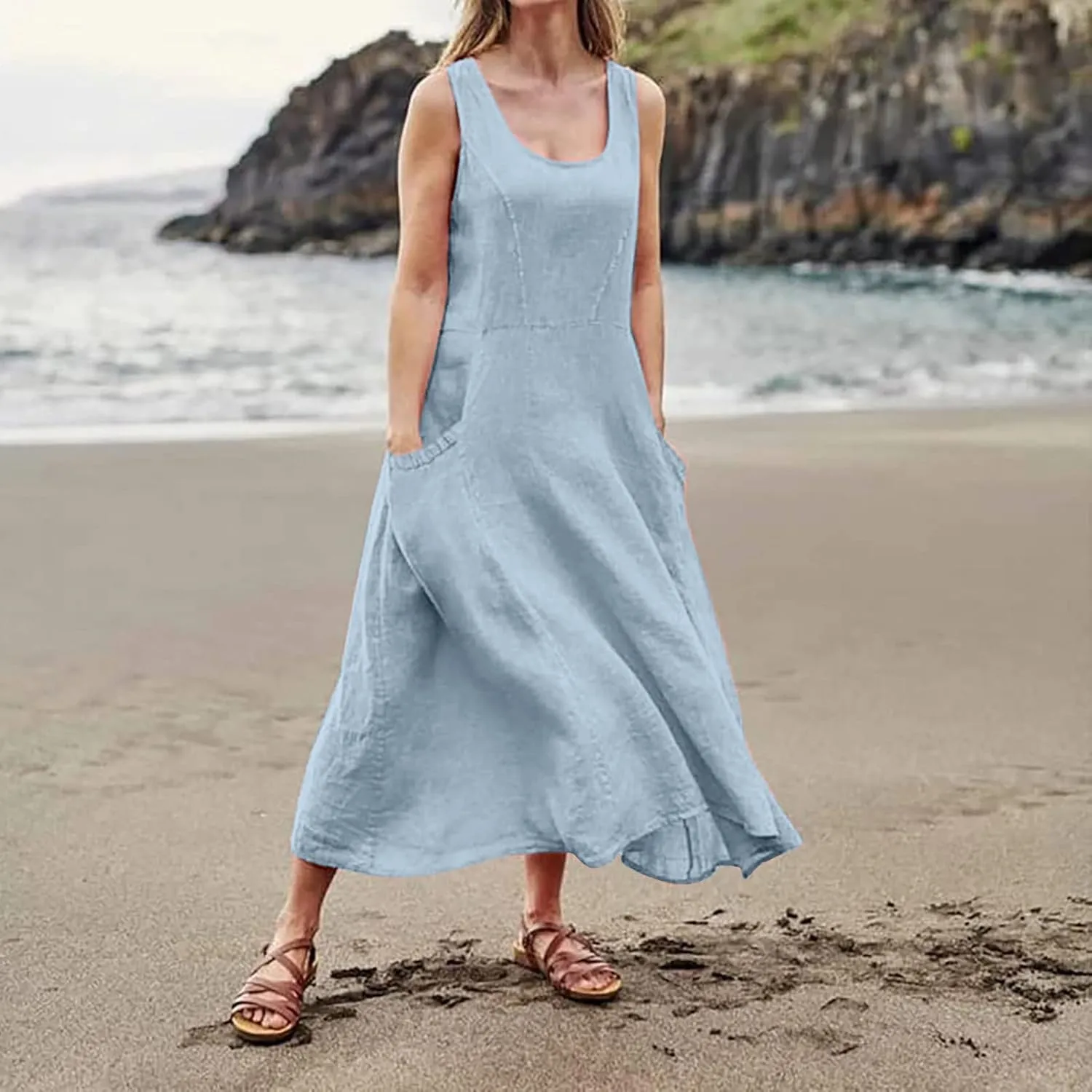 Women's Summer Cotton Linen Sleeveless Maxi Flowy Dresses Plus Size Loose Comfy Elegant Dress with Pockets