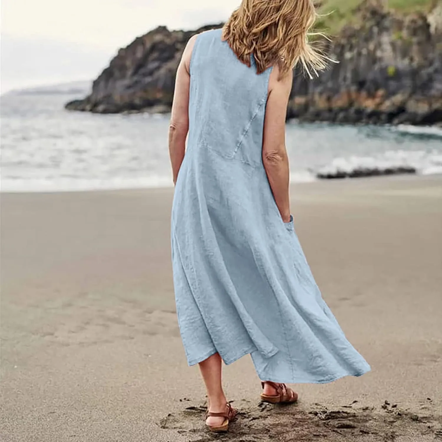 Women's Summer Cotton Linen Sleeveless Maxi Flowy Dresses Plus Size Loose Comfy Elegant Dress with Pockets