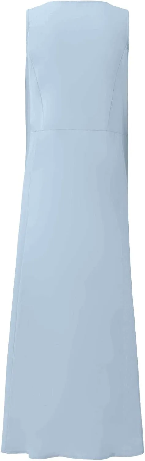 Women's Summer Cotton Linen Sleeveless Maxi Flowy Dresses Plus Size Loose Comfy Elegant Dress with Pockets