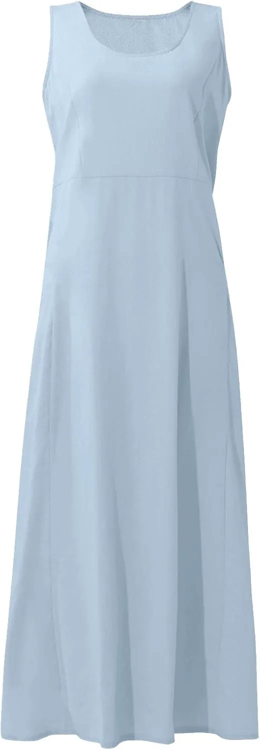 Women's Summer Cotton Linen Sleeveless Maxi Flowy Dresses Plus Size Loose Comfy Elegant Dress with Pockets