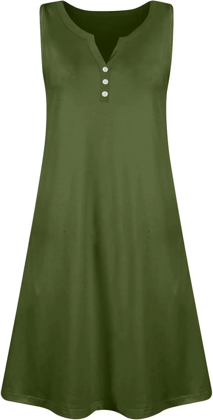 Womens Summer Dress 2025 Casual Solid/Floral Button Down V Neck Sleeveless Boho Beach A-Line Sundresses with Pockets