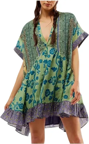 Womens Summer Dress Casual Vintage Floral Boho V Neck Swing Short Sleeve Pleated Ruffle Hem A-Line Beach Mini Dress
