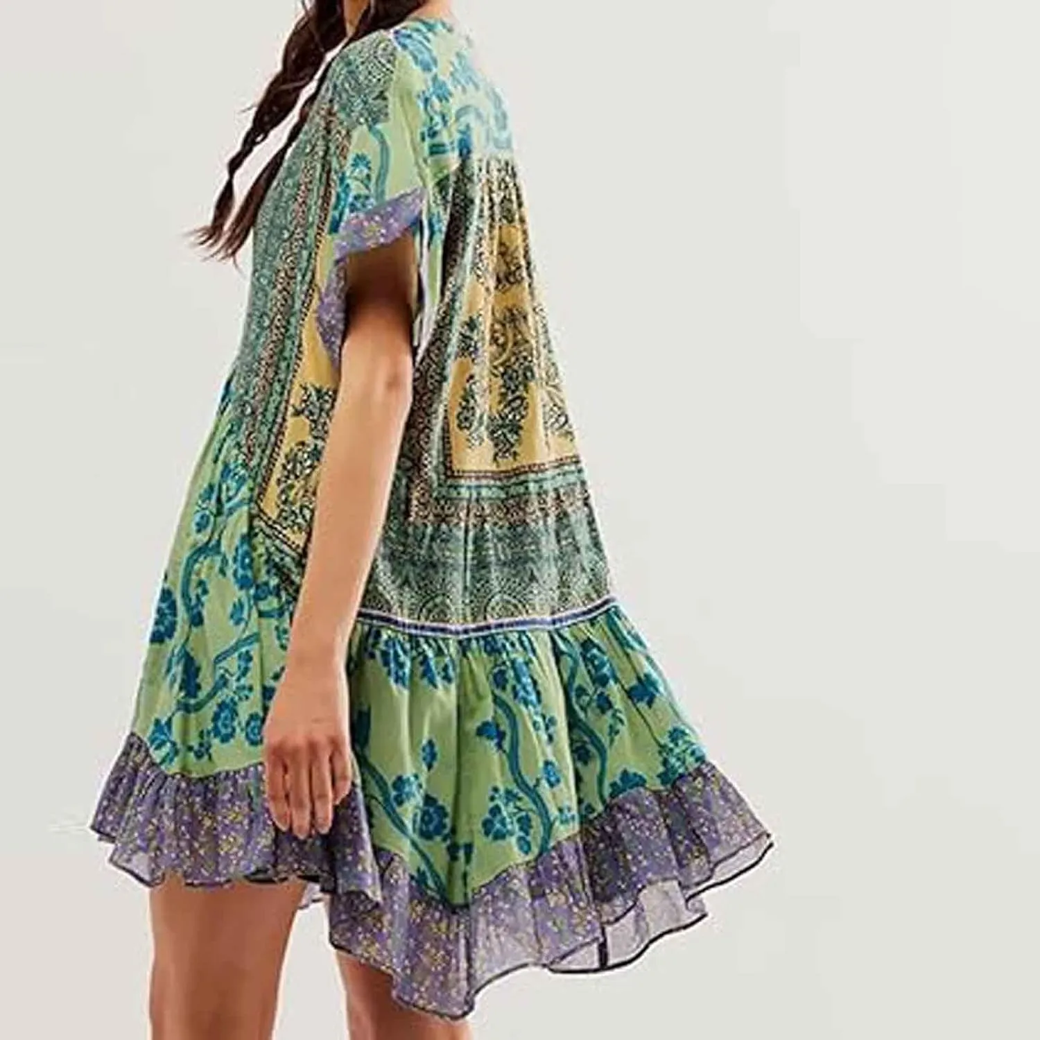 Womens Summer Dress Casual Vintage Floral Boho V Neck Swing Short Sleeve Pleated Ruffle Hem A-Line Beach Mini Dress