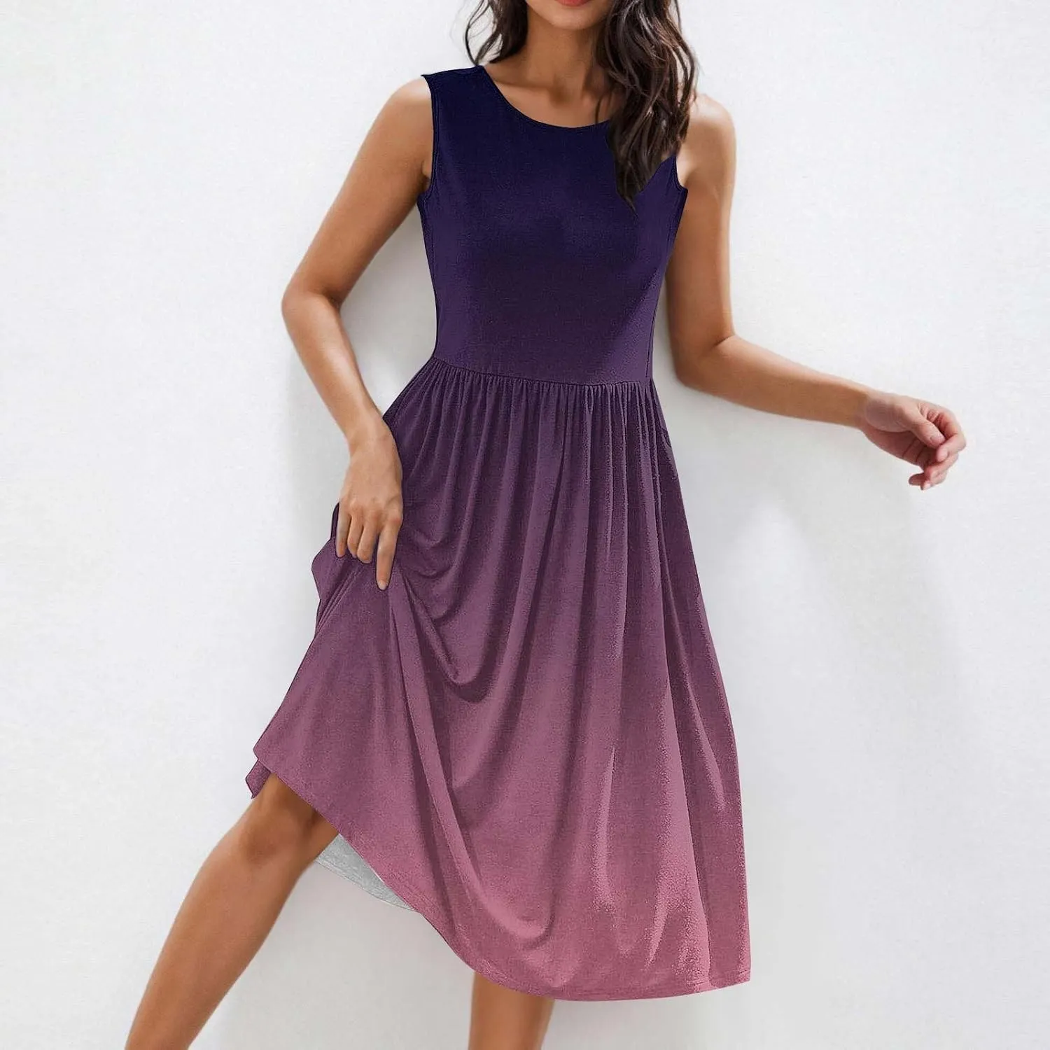Womens Summer Dresses 2025 Boho Gradient Sleeveless Midi Dress Casual Tie Waist Pleated Flowy Sundress with Pockets